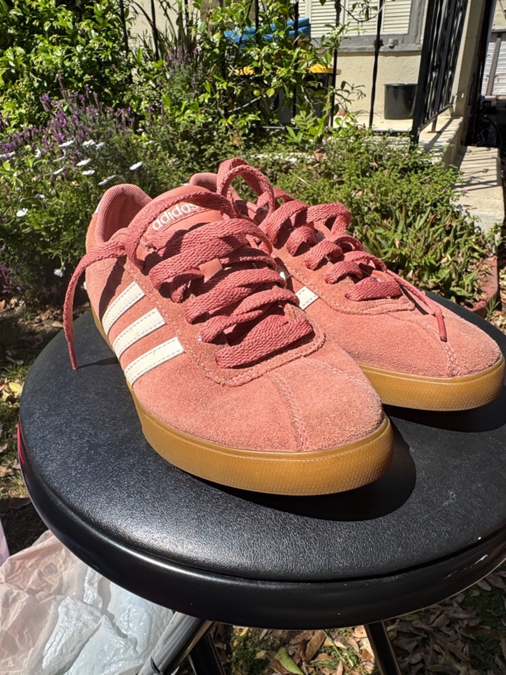 adidas Pink Suede Sneakers with White Stripes and Gum Sole